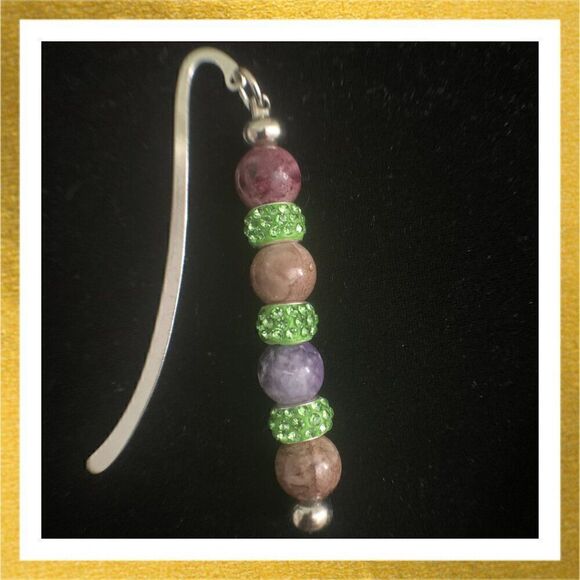 HAND CRAFTED Silver RHINESTONE & Marble Beads BOOKMARK - Picture 1 of 1